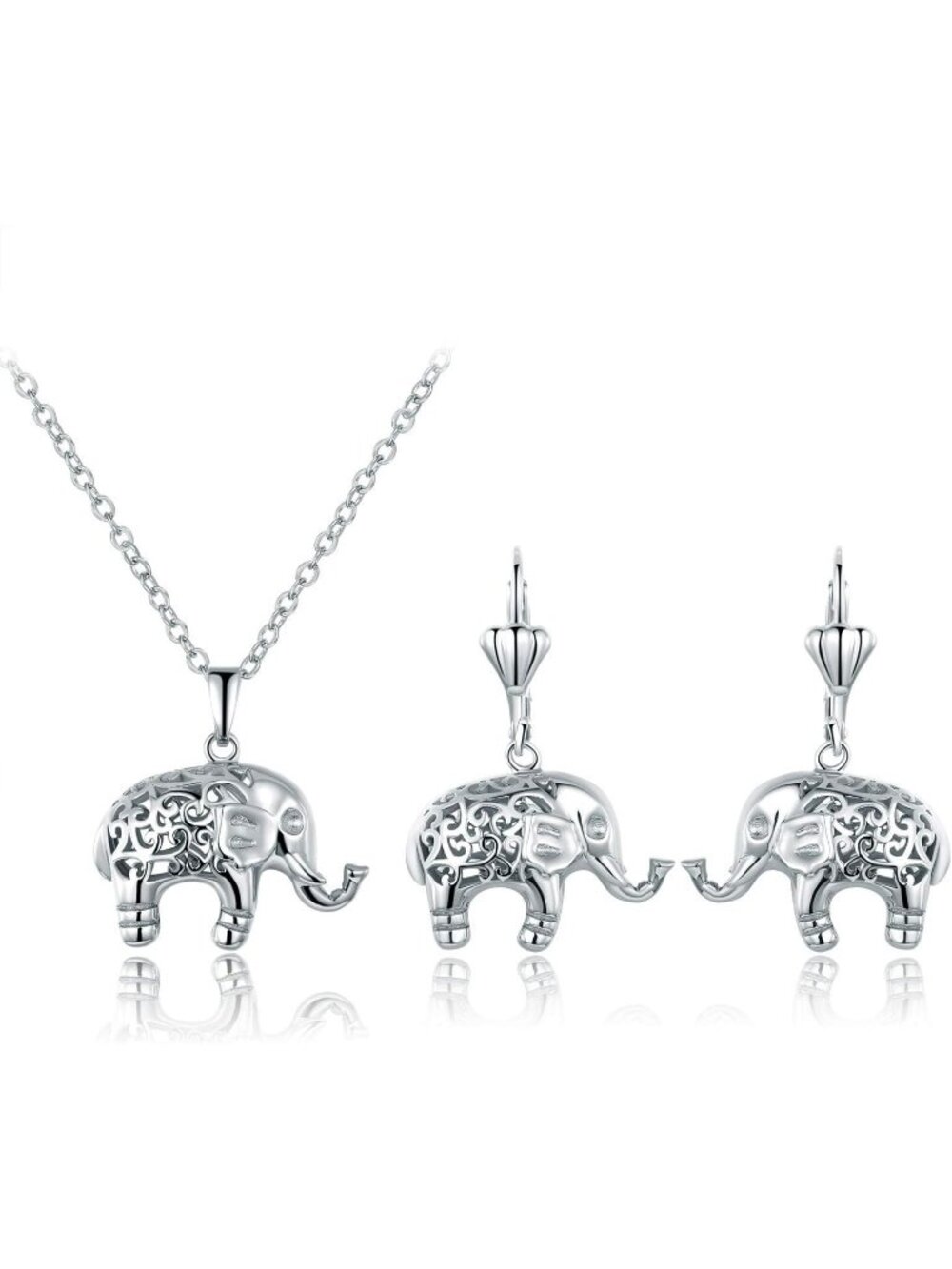 Women’s White Silver Metal Filigree Elephant Jewelry Set Necklace Earrings